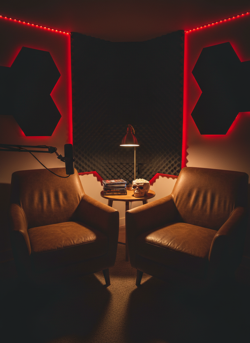 A cozy podcast recording corner built in a dim room, featuring a modern black condenser microphone facing a pair of overstuffed, empty leather armchairs separated by a small table stacked with horror Blu-ray cases and a skull-shaped ceramic popcorn bowl. Red LED strip lights trace the edge of acoustic foam panels on the walls, while a single warm desk lamp casts a circular pool of light across the setup. Photographic realism with a slightly wide-angle lens emphasizes the intimate, conversational vibe. Soft, directional lighting creates a balance of eerie crimson shadows and inviting warmth, capturing the blend of comedy and horror in a relaxed, cinematic atmosphere.